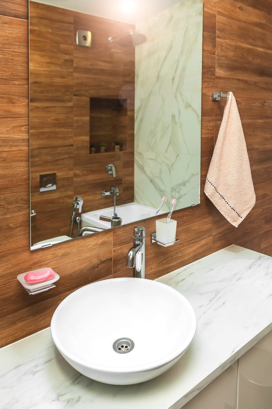 Hygiene Concept. Bathroom Modern Wooden Interior Background