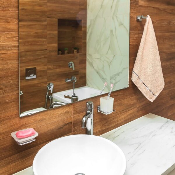 Hygiene Concept. Bathroom Modern Wooden Interior Background