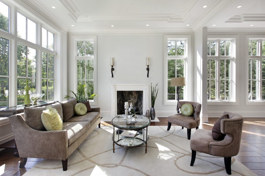 Living Room In Luxury Home With Fireplace.