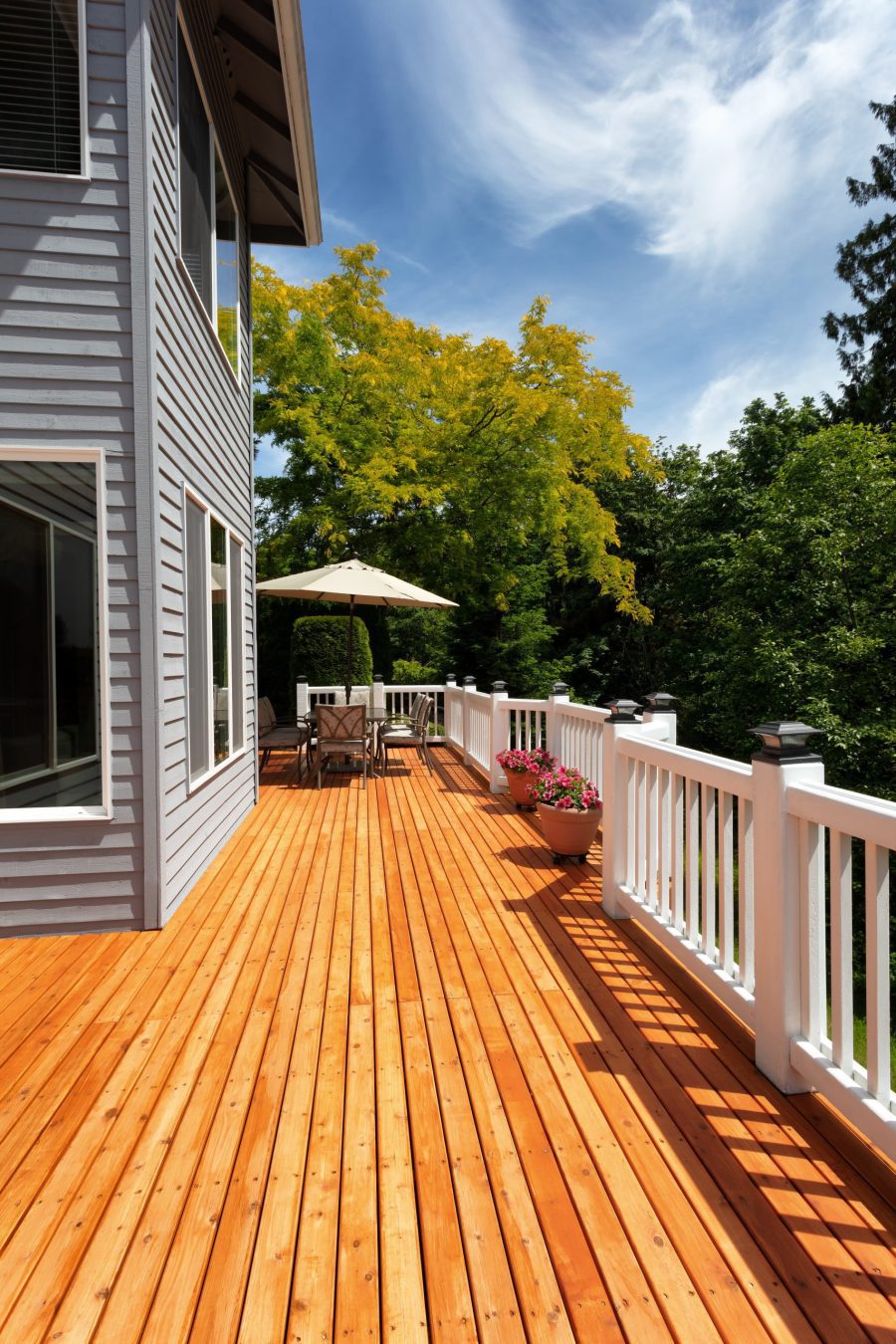 Brand New Red Cedar Outdoor Wooden Deck During Nice Weather In V